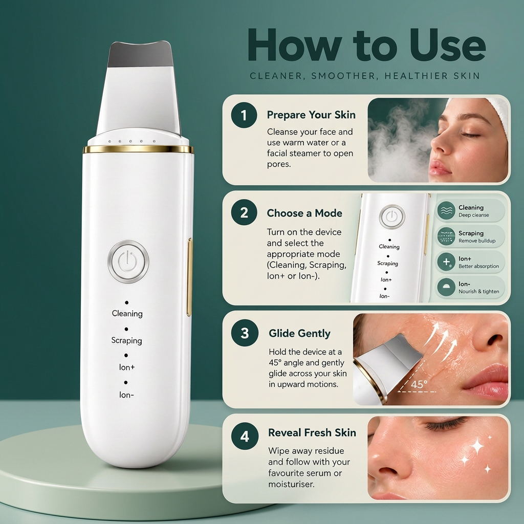 Premium skincare guide with a neutral power-button rim and gold neck trim